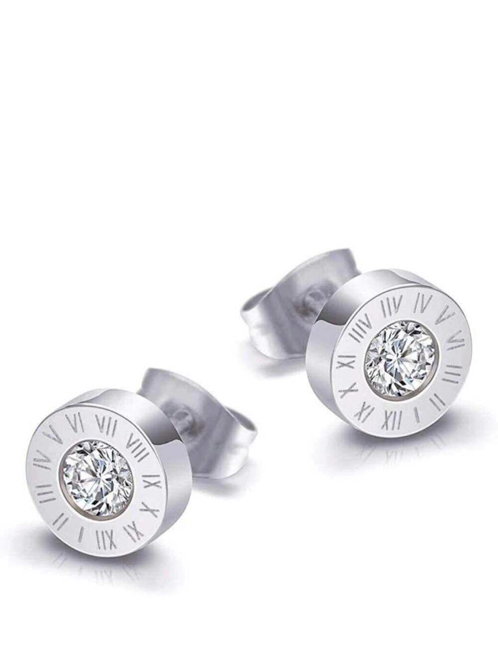Round Roman Numerals Cubic Zirconia Elegant Classic Small Stud Earrings